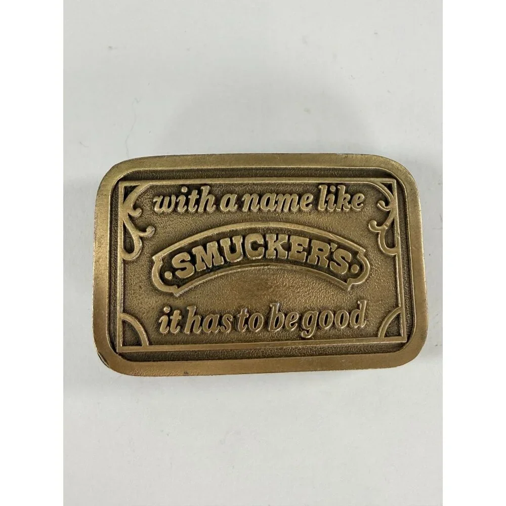 Vintage Smuckers Advertising Brass Belt Buckle Jelly Jam Sandwich Collectible